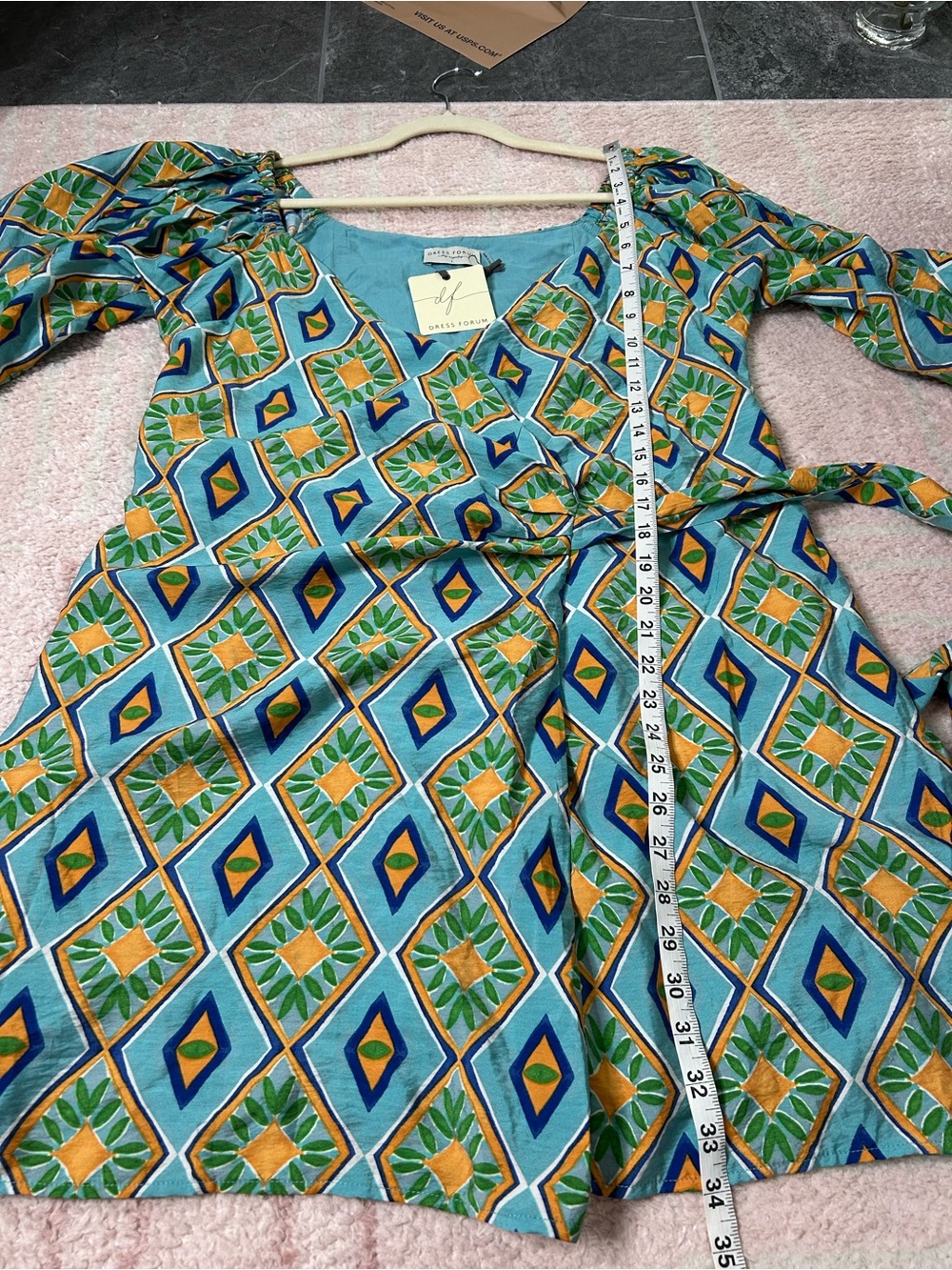 Dress Forum Aqua and Green Geometric Wrap Mini Dress Size Large NWT Vacation - Picture 12 of 14